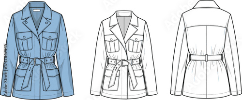 Utility jacket fashion flat illustration set with front and back technical views for apparel design, garment construction, and outerwear sketch
