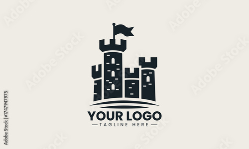 Robust black vector logo illustration of a medieval castle fortress with a flying flag creating a strong security brand symbol