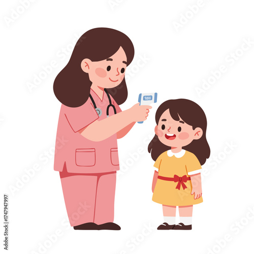 a pediatrician in soft pink scrubs using a digital thermometer on a smiling little girl’s forehead, girl wearing a yellow dress with a red ribbon.