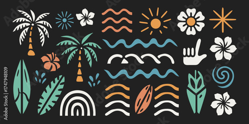 Tropical hawaiian summer vacation elements collection with palm trees flowers sun waves and surfboards
