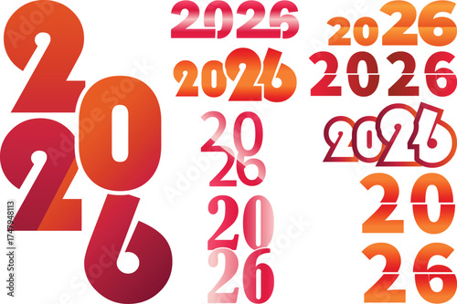 Vibrant collection of '2026' number designs featuring dynamic colorful gradients. Ideal for New Year celebrations, event branding, and promotional materials, offering a modern and energetic aesthetic.
