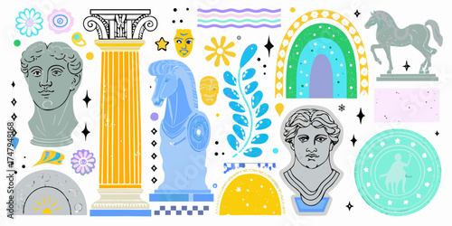 Collage of greek mythology elements and abstract shapes in a playful color palette