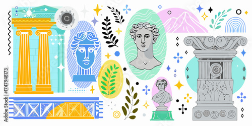 Abstract collage of ancient greek and roman architectural elements and sculptural busts with decorative motifs