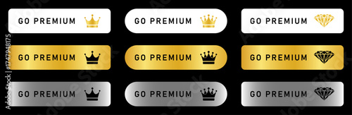 Collection of premium call‑to action buttons in gold and silver gradients with crown and diamond icons, perfect for pricing pages, memberships, subscriptions, ecommerce, and app UI clean modern vector