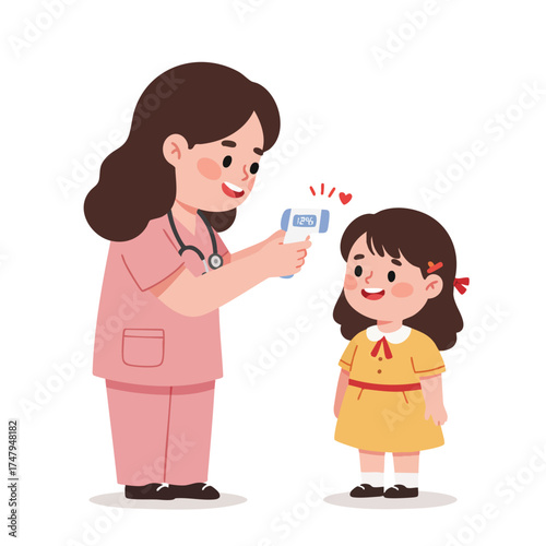 a pediatrician in soft pink scrubs using a digital thermometer on a smiling little girl’s forehead, girl wearing a yellow dress with a red ribbon.