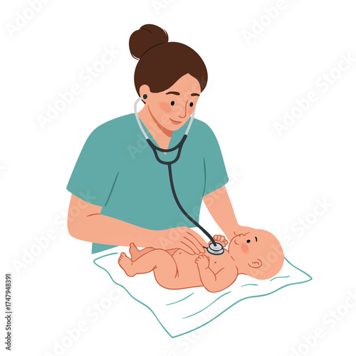 a female pediatrician with tied hair wearing teal scrubs, checking a baby’s chest with a stethoscope, baby lying on soft white towel.