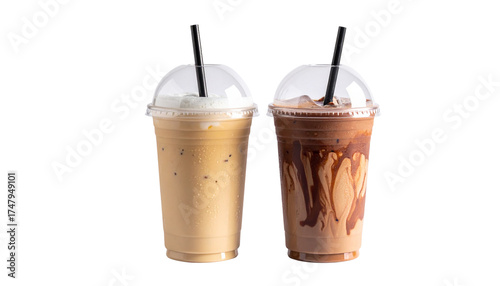 Two smoothie latte variations in clear plastic cups, isolated on transparent background