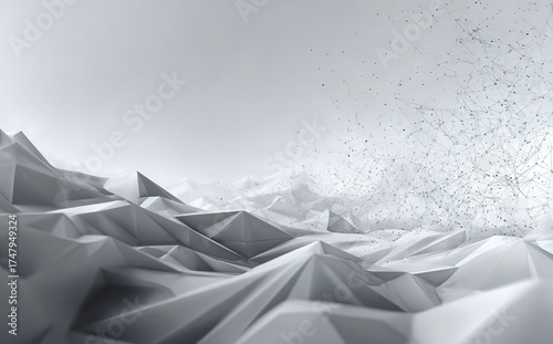 Abstract Minimalist Low Poly Geometric Landscape with Particles in Monochrome Style Creates Dramatic Impact