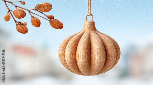 A beautifully crafted wooden ornament hanging from a branch, evoking a serene winter atmosphere.