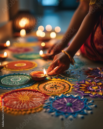Festive Diwali celebration with colorful rangoli and oil lamps in winter