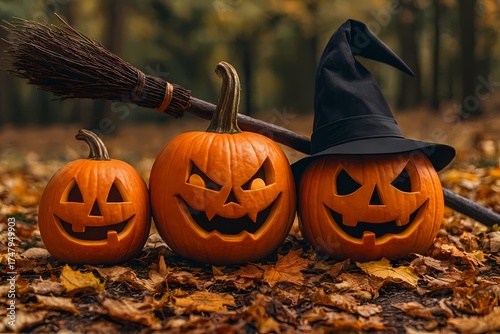 Three Carved Pumpkins with Witch Hat and Broom in Autumn Forest, AI generated