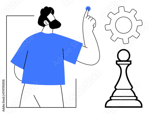 Man gesturing towards innovation represented by a small dot, alongside a gear and chess piece symbolizing creativity, decision-making, and problem-solving. Ideal for strategy, innovation, teamwork