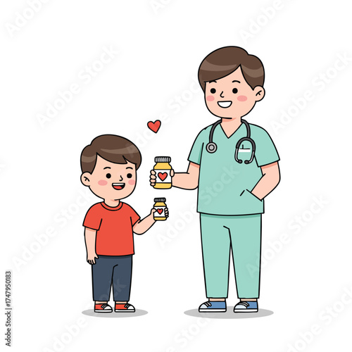 a pediatrician offering a small vitamin drink bottle to a cheerful boy, doctor in light green scrubs, boy wearing a red T-shirt, both standing and smiling.