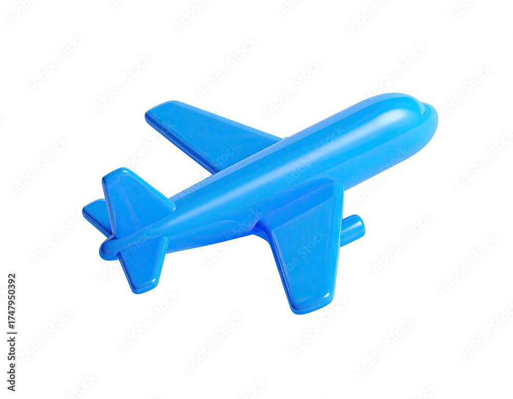Fototapeta premium Glossy blue 3D toy airplane isolated against a stark black background
