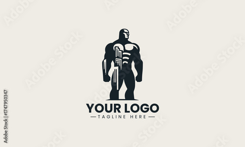 Powerful black vector logo illustration of a muscular strong male figure containing a modern cityscape for urban branding