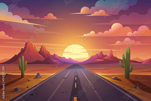 Lonely road through desert landscape under dramatic sunset sky, endless perspective and freedom concept illustration.