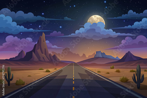 Lonely road through desert landscape under dramatic night with moon and stars, endless perspective and freedom concept illustration.