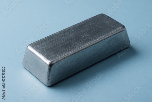 Solid metallic germanium ingot with brushed surface on light blue background