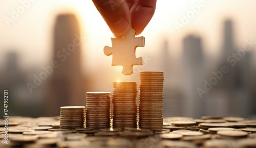 A hand places a puzzle piece atop stacks of coins in a city, symbolizing a crucial element in financial growth and successful investment strategies, creating a hopeful and prosperous atmosphere.