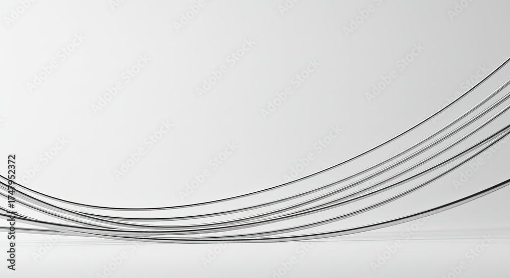 Obraz premium Abstract metallic wires flowing in a gentle curve on a white background.