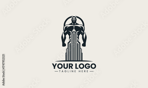 Powerful black vector logo illustration of a muscular strong male figure containing a modern cityscape for urban branding