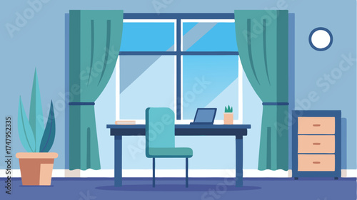 A tranquil home office featuring a large window with curtains a minimal desk with a laptop and a single piece of wall art.