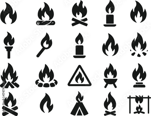 Vector EPS illustration featuring 16 solid black bonfire and campfire icons. Includes fire flames, wood logs with fire, campfire setup, firepit, torch flame, match flame, candle flame, spark flame, fe