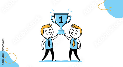 Two happy cartoon stick figures celebrate holding a first place trophy together.