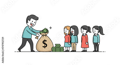 A generous man distributes money to a line of appreciative people receiving financial assistance.