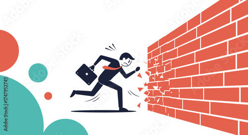Businessman breaks through a wall symbolizing overcoming challenges and achieving goals.