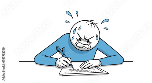 A stressed stick figure is intensely writing on a piece of paper with a pen in a very focused manner.
