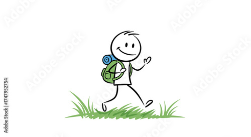A happy stick figure hiker with a green backpack walks through a grassy field.