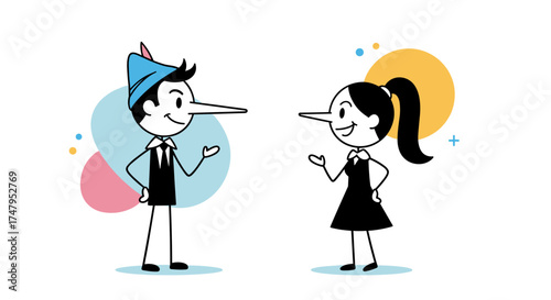 Two people with long noses pointing at each other on a white background.