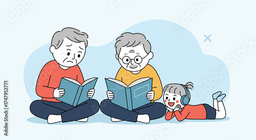 A heartwarming moment of a family sharing stories and knowledge together.