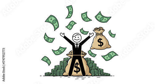 A happy man standing behind a giant bag of money with cash falling around him and raining down from above.