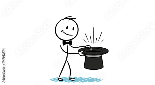 A whimsical stick figure magician performs a trick with a top hat and a sparkling light.