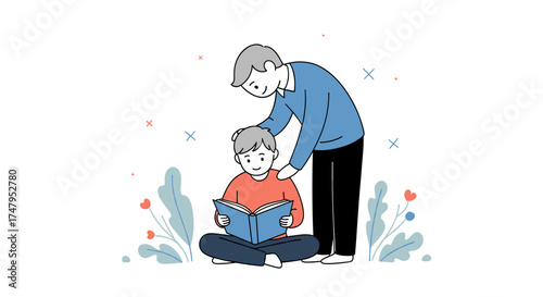 A father helps his son read a book in the garden during a sunny day.