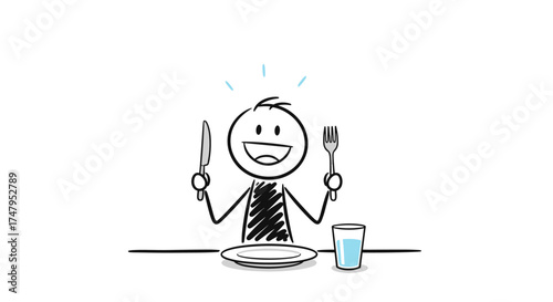 A happy stick figure person sits at a table ready to eat a meal with a plate fork and knife and a glass of water.