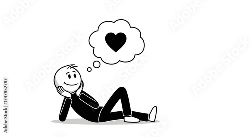 A person lying down and thinking about love with a heart in a thought bubble.