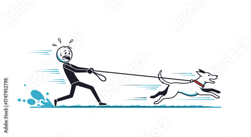 A man struggling to hold onto his energetic dog as it pulls him forward on a walk.