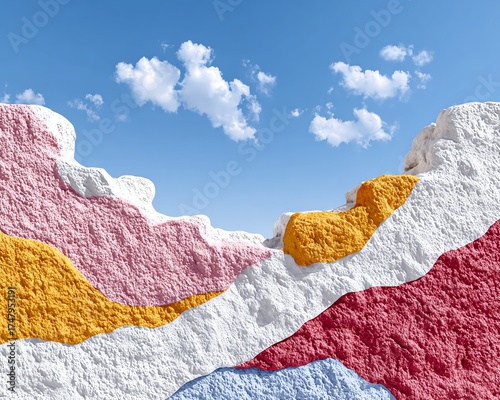 Vibrant textured wall with colorful patterns against a bright blue sky, showcasing modern artistic expression.