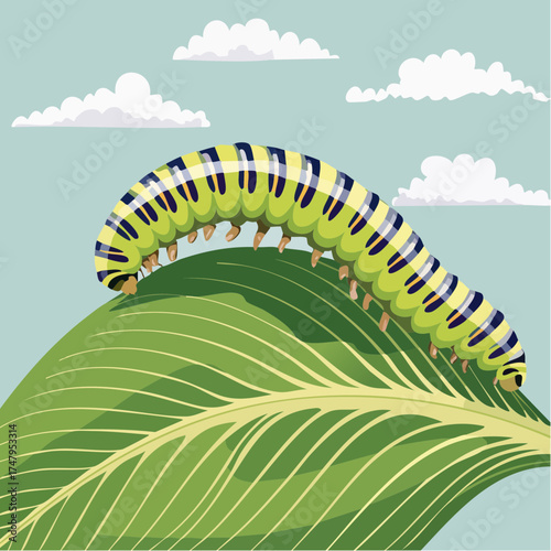 Cartoon Caterpillar Crawling On A Leaf With Clouds In The Background