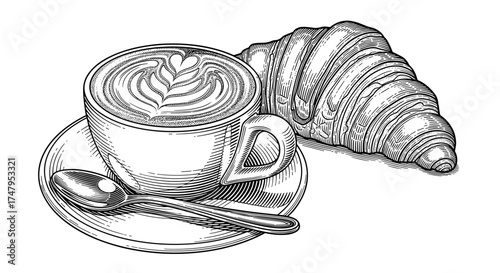 Black and white vector illustration of coffee cup with croissant in engraving style, detailed sketch for cafe menu, perfect breakfast presentation