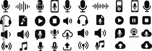 Vector EPS illustration featuring 16 solid black icons representing voice notes and audio recording. Includes microphone, sound wave, voice recorder, smartphone with mic, headset, audio file symbol, p