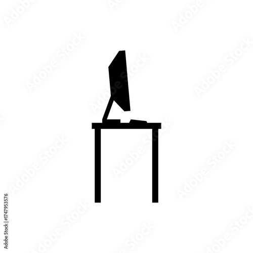 Computer desk side view icon in simple silhouette style. Workspace graphic with monitor and table representing office, study, and productivity activity. Vector element for workroom and desk setup