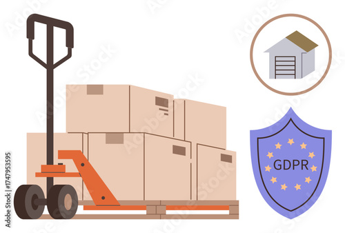 Pallet loaded with cardboard boxes on manual pallet truck, storage symbol, GDPR shield. Ideal for logistics, security, data protection, shipping, warehouse operations, compliance privacy rights