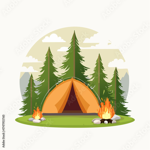 Camping Adventure Tent and Bonfire in a Forest Setting