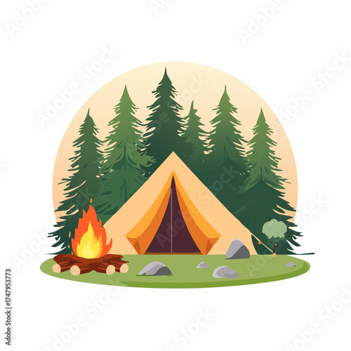 Cozy campsite with a glowing campfire and tent under a forest of pine trees