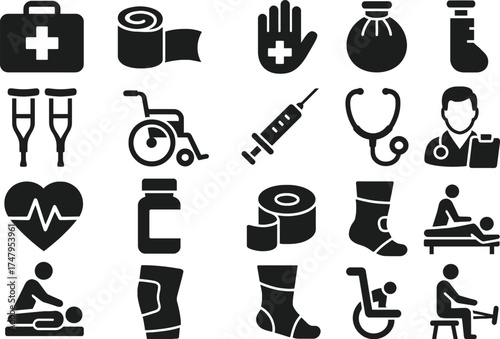 Sports Medicine Solid Black Vector Icon Set Collection on White Background