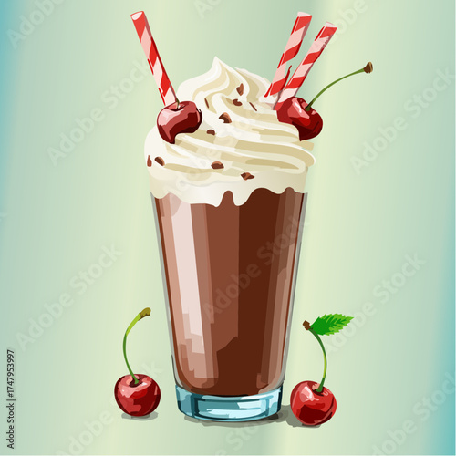 A tall glass of decadent chocolate milkshake with whipped cream, chocolate shavings, and fresh red cherries